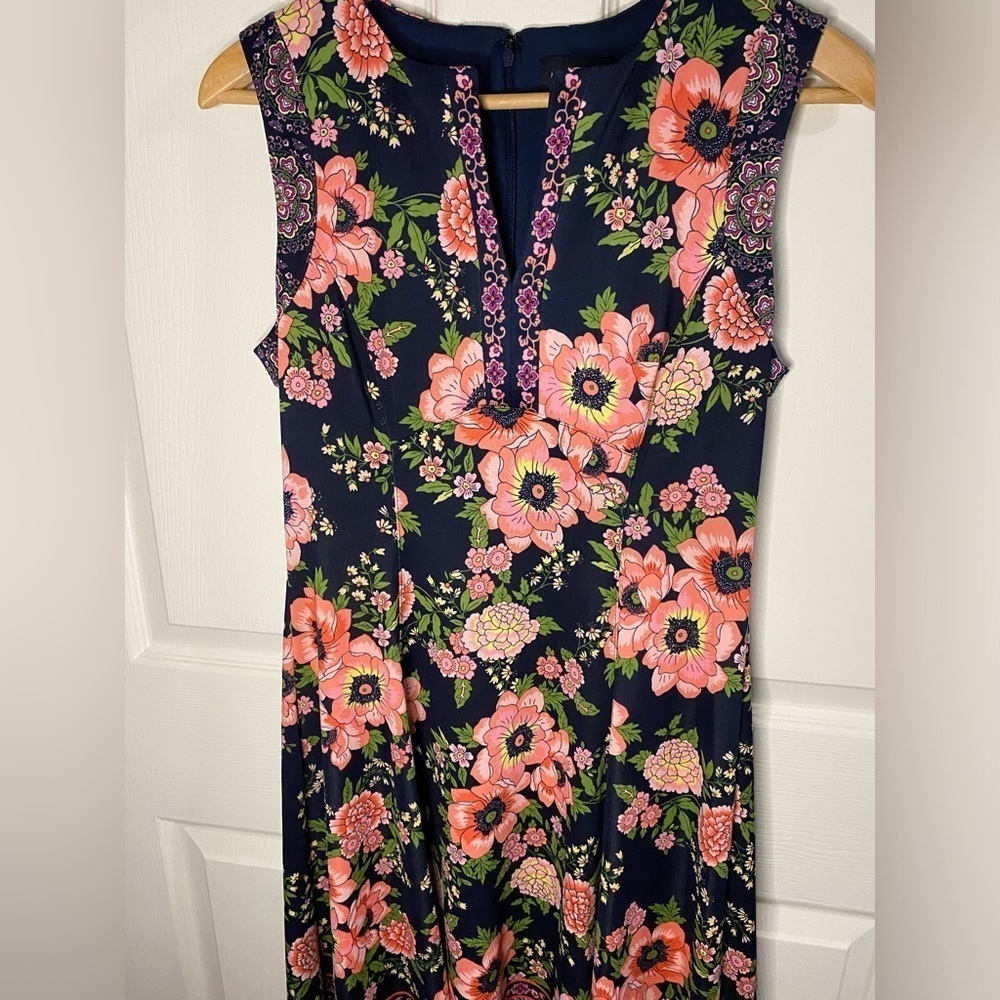 Liz Claiborne Navy Blue and Pink Floral Bohemian Midi Dress, Wedding Guest - Picture 6 of 7